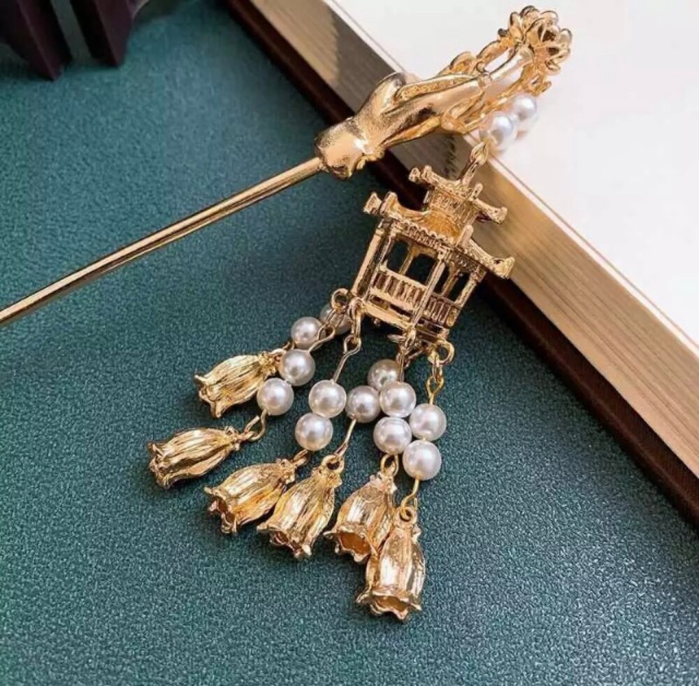 Pagoda Lantern Hair Stick Women OS Gold Excellent‎ Dangle Pearl Tassel Hanfu